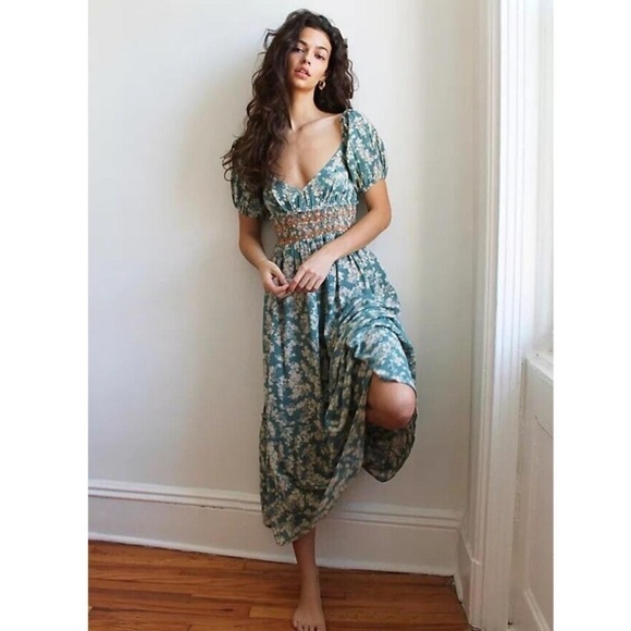 (US 6/M) Ellie Floral-print Gauze Midi Dress In Soft Seafoam - Picture 3 of 12
